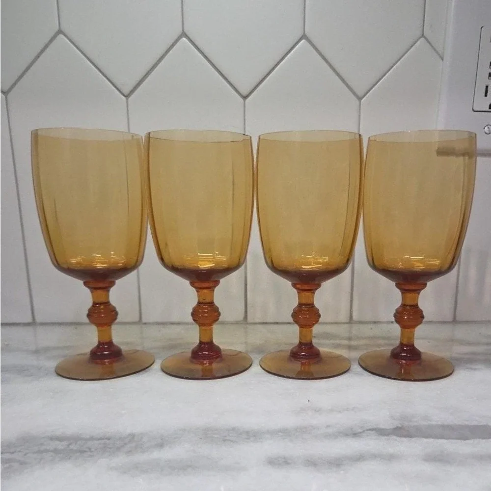 Amber Ribbed Optic Wine Glasses, Set of 4,‎ Vtg Stemware, Replacement Drinkware